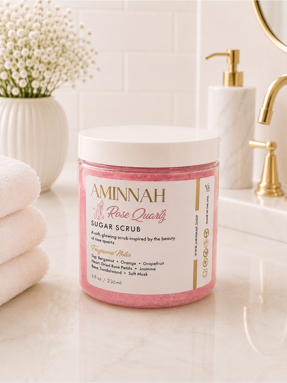 Aminnah Rose Quartz Pink Sugar Scrub - Exfoliating Body Polish